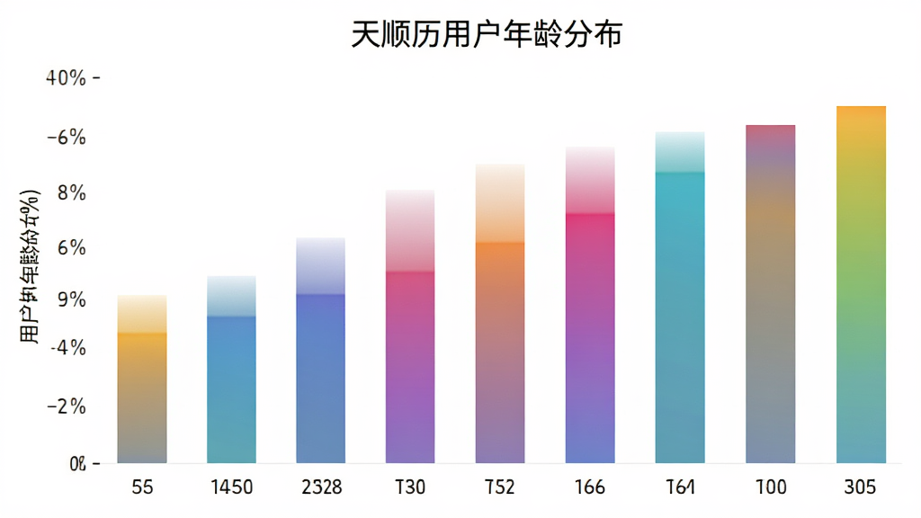 天顺历 用户年龄分布柱状图 横轴为年龄段 纵轴为百分比 柱子颜色为渐变色 标题为天顺历用户年龄分布 背景白色 风格数据可视化 排版简洁 画质干净 无多余元素