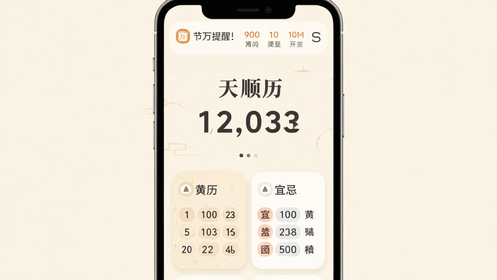 天顺历 手机应用主界面 居中展示公历农历日期 下方排列黄历宜忌卡片 背景为淡雅米白色 顶部有节气提醒 整体布局简洁 风格现代扁平 细节圆润 画质干净 无多余元素