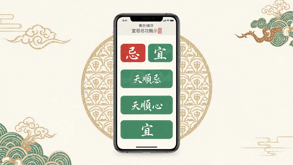 天顺历 黄历宜忌功能展示 画面中央为手机屏幕 屏幕内显示宜忌标签 红色忌 绿色宜 背景有传统纹样点缀 风格简约中国风 排版清晰 画质干净 无多余元素
