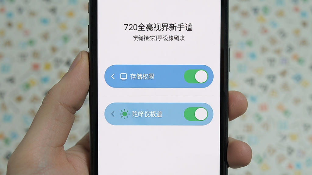 一张展示720全景视界新手设置界面的图片,画面主体是手机屏幕,屏幕上显示着权限开启引导页,有存储权限和陀螺仪权限的开关按钮,按钮旁边有绿色对勾标识,布局为纵向列表,排版清晰,风格为扁平化引导页设计,细节上按钮有圆角处理,画质干净,无多余元素