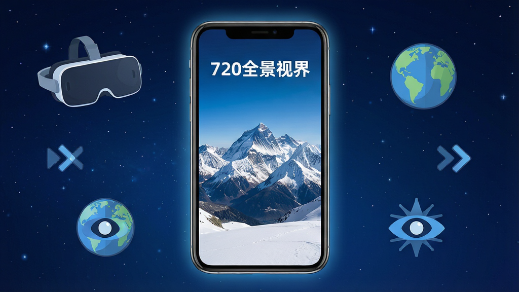 一张展示720全景视界应用主界面的图片,画面中央是手机屏幕,屏幕里显示着壮丽的雪山全景画面,屏幕上方有“720全景视界”的文字标识,周围环绕着VR眼镜、地球仪和全景视角的箭头图标,整体布局简洁明了,排版采用居中对齐方式,风格为现代扁平化科技风,细节上手机边缘有微微的光晕,背景是深蓝色的渐变星空,画质干净清晰,无多余元素