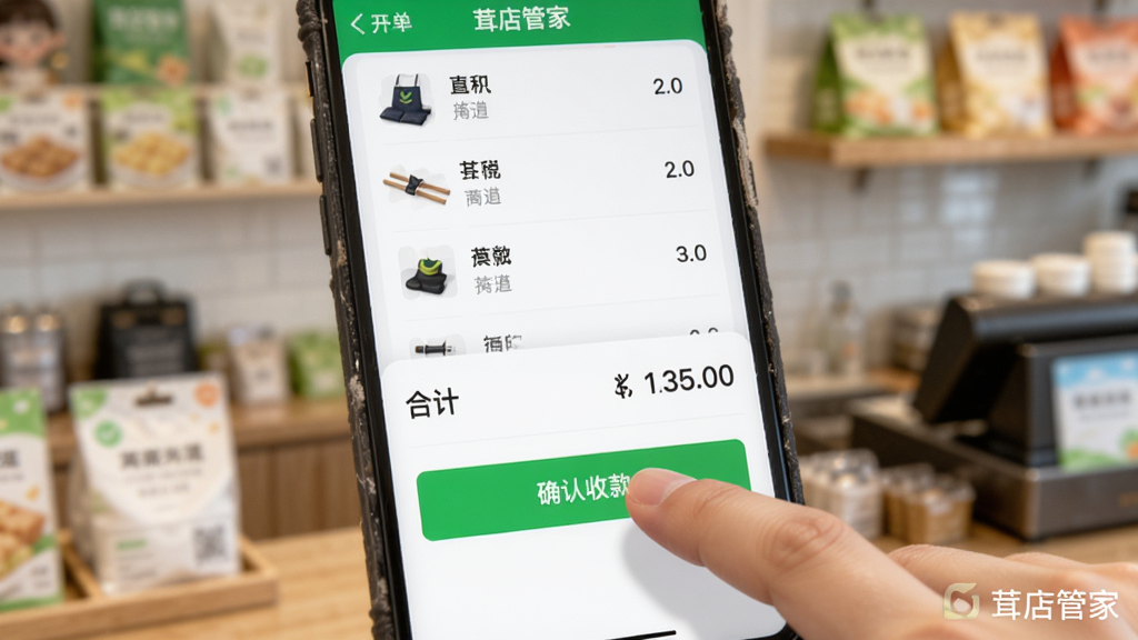 �ֻ���Ļ��д��չʾ�׵�ܼҵĿ������棬������һֻ�����ڵ����Ļ�ϵġ�ȷ���տ��ɫ��ť����Ļ�Ϸ���ʾ��Ʒ�б��ͺϼƽ��������黯�ĵ��̻��������дʵ������������ϸ�����������С��׵�ܼҡ���С��ˮӡ