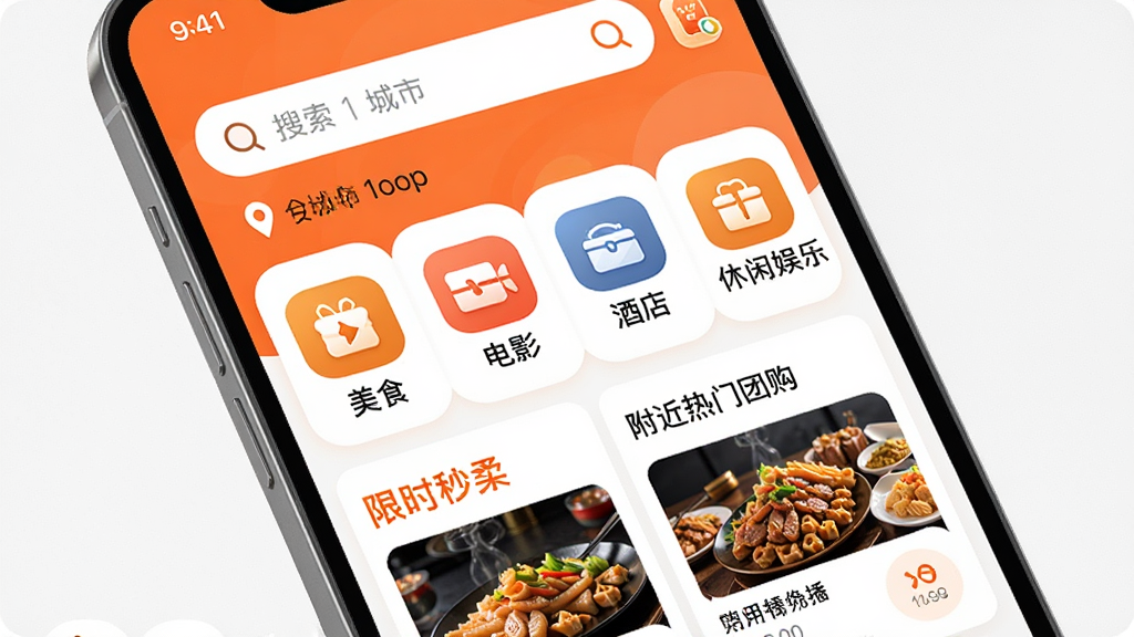 ������һ���ֻ���Ļչʾ�ŵ���Ź�app�������棬�����Ϸ���������Ͷ�λ���У��м�����ʳ����Ӱ���Ƶꡢ�������ֵȷ���ͼ�꣬�·�����ʱ��ɱ�͸��������Ź��б����Ű���ÿ�Ƭʽ��ƣ�����ִ���ˬ�Գ�ɫ�Ͱ�ɫΪ��ɫ����ϸ����ͼ��Բ��ť���������ʸɾ��޶���Ԫ�أ����廭�������л���