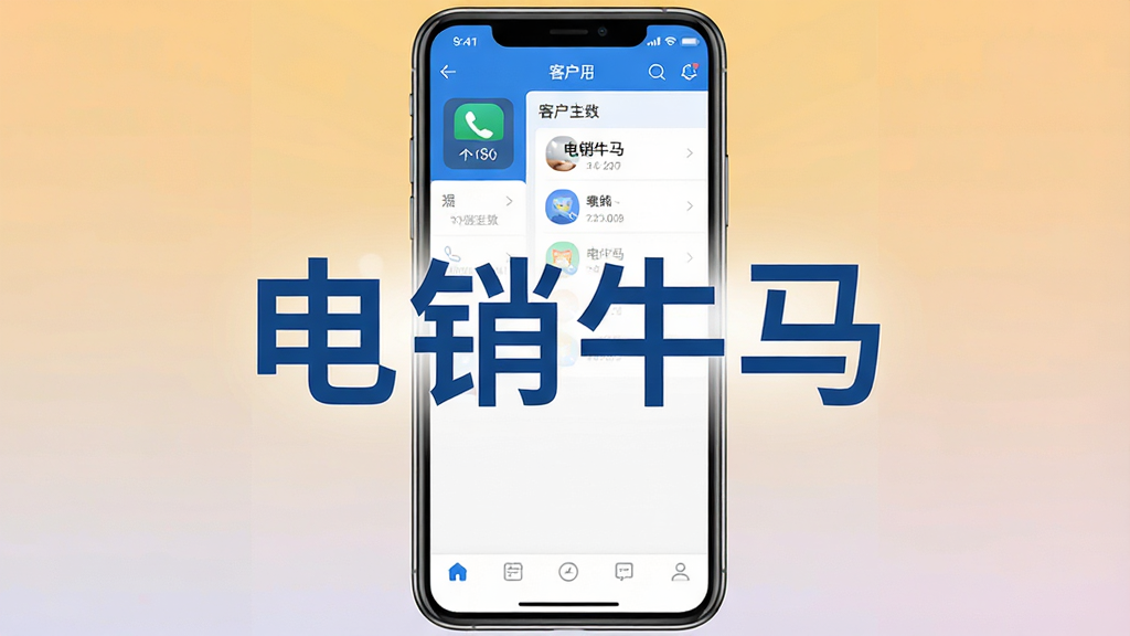 一张展示“电销牛马”软件主界面的手机截图风格图片,画面中央是手机屏幕,屏幕上显示“电销牛马”四个大字作为应用标题,界面以蓝白配色为主,布局简洁,顶部有拨号按钮和客户列表,底部有导航栏,风格现代扁平,画质干净清晰,无多余元素,背景为纯色渐变,整体呈现出一款专业电销辅助工具的气质。