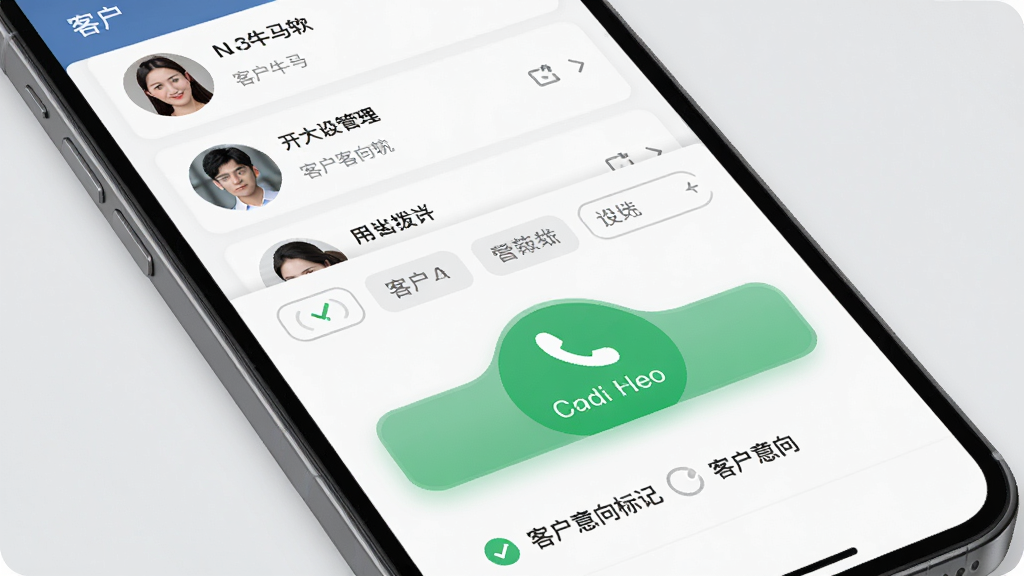 一张展示“电销牛马”软件智能拨号与客户管理功能的界面图片,画面主体是手机屏幕,屏幕上方显示客户列表和筛选标签,中间是一个醒目的绿色拨号按钮,下方有客户意向标记选项,背景为浅灰色,风格简洁商务,画质清晰,细节圆润,无多余装饰元素。