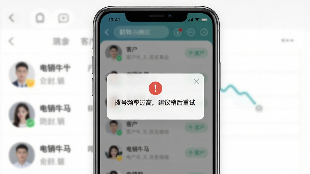 一张展示“电销牛马”软件防封提醒与号码过滤功能的界面图片,画面主体是手机屏幕,屏幕上弹出一个提醒窗口,文字内容为“拨号频率过高,建议稍后重试”,背景是模糊的客户列表,风格简洁明了,画质清晰,无多余装饰,整体呈现安全警示的氛围。