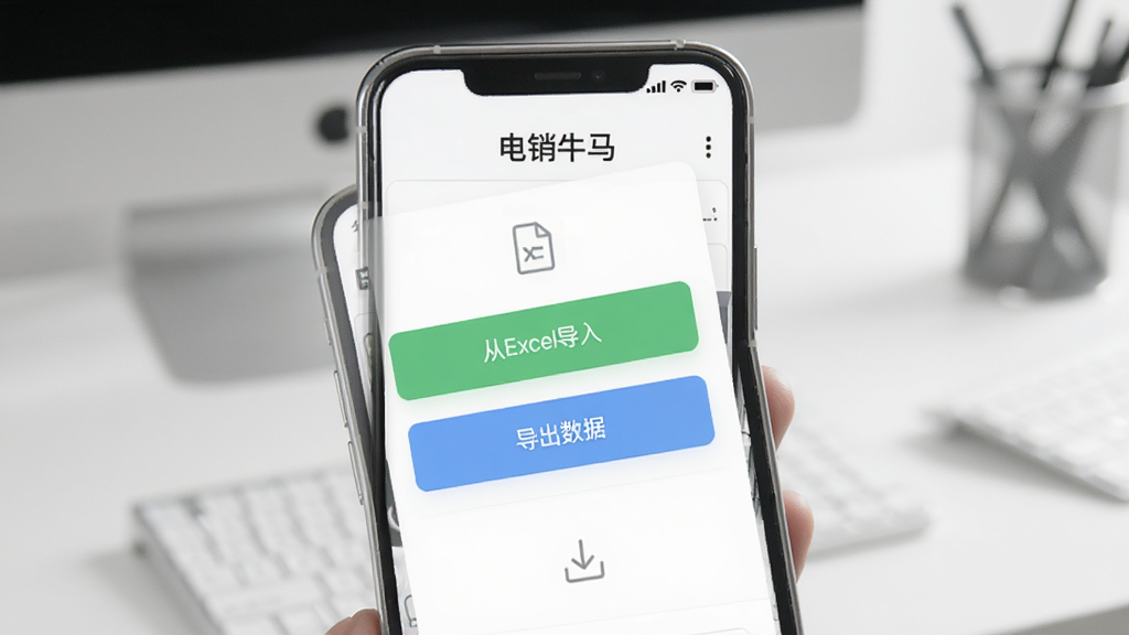 一张展示“电销牛马”软件一键导入导出功能的界面图片,画面主体是手机屏幕,屏幕上显示一个文件选择界面,有“从Excel导入”和“导出数据”两个大按钮,背景是简洁的白色,风格现代扁平,画质干净,无多余元素,整体呈现高效办公的氛围。