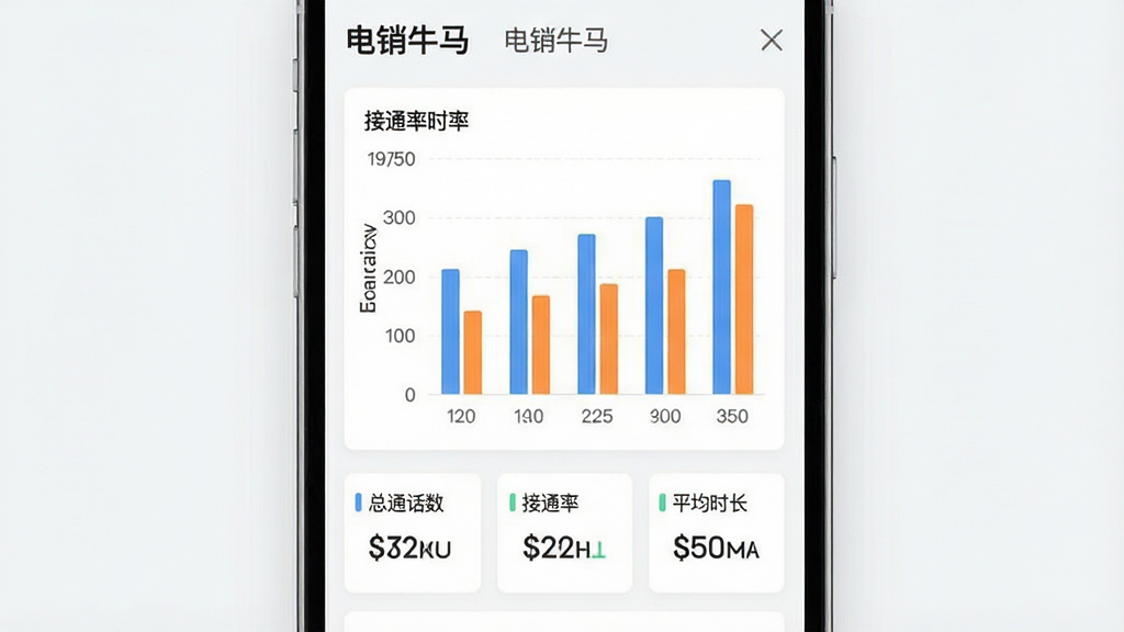 一张展示“电销牛马”软件通话数据统计页面的图片,画面中央是手机屏幕,屏幕上显示一个柱状图,横轴是时间段,纵轴是接通率,图表下方有“总通话数”、“接通率”、“平均时长”等数据卡片,风格现代扁平,配色清晰,画质干净,背景简洁,无多余元素。