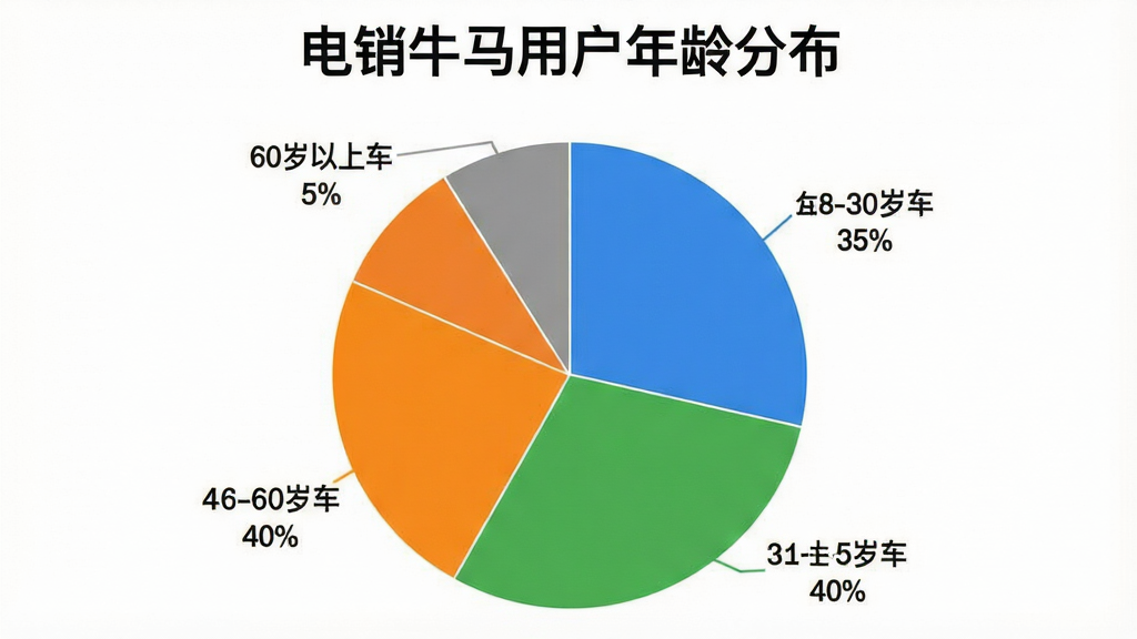 一张展示“电销牛马”用户年龄分布的饼状图,画面中央是一个饼状图,图表分为四个部分,分别标注18-30岁占比35%,31-45岁占比40%,46-60岁占比20%,60岁以上占比5%,颜色分别为蓝色、绿色、橙色、灰色,背景为白色,风格现代简洁,画质清晰,无多余元素,图表上方有标题“电销牛马用户年龄分布”。