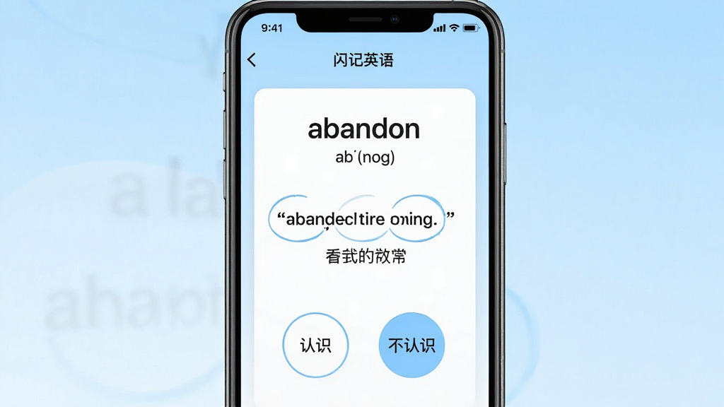 һ��չʾ������Ӣ�App���Ľ�����ֻ���Ļ��ͼ�����������ǵ�������ѧϰ���棬�Ϸ���ʾӢ�ĵ��ʡ�abandon�������꣬�м���������������壬�·��С���ʶ���͡�����ʶ������Բ�ΰ�ť����������͵�ǳ��ɫ���䣬��������ˬ��Լ�����ʸɾ��޶���Ԫ��