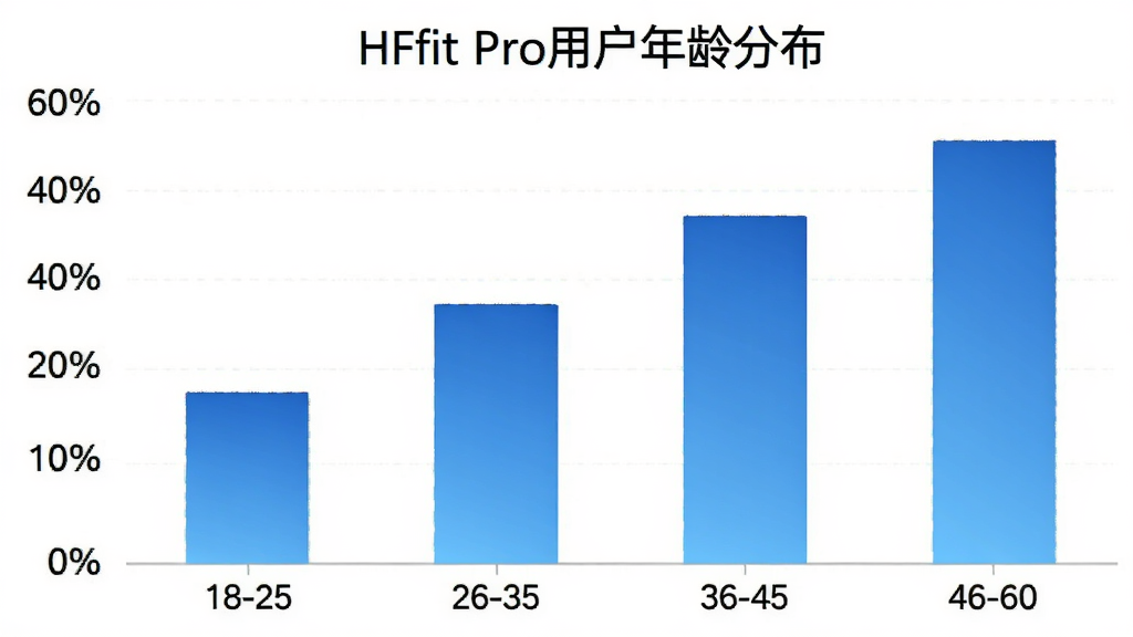 一张柱状图,展示HFfit Pro用户年龄分布,横轴为年龄段18-25、26-35、36-45、46-60,纵轴为用户占比百分比,柱子颜色为渐变的蓝色,图表标题为“HFfit Pro用户年龄分布”,整体风格简洁专业,画质清晰,无多余元素