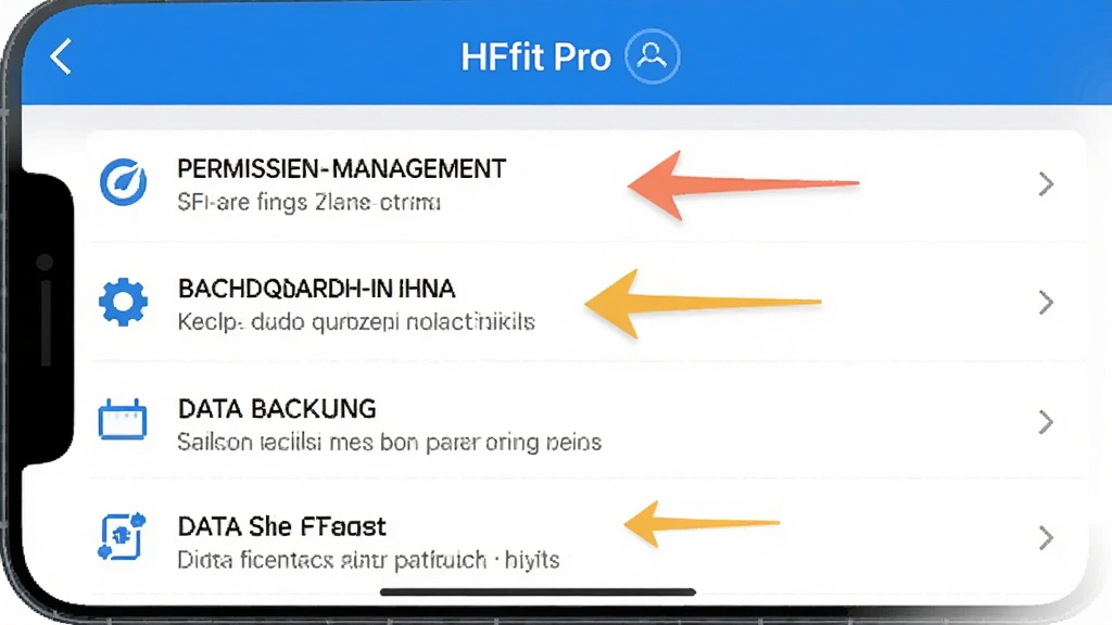 一张手机屏幕截图,显示HFfit Pro的设置界面,有权限管理、后台运行、数据备份等选项,画面清晰,风格简洁,带有指引箭头,画质干净,无多余元素