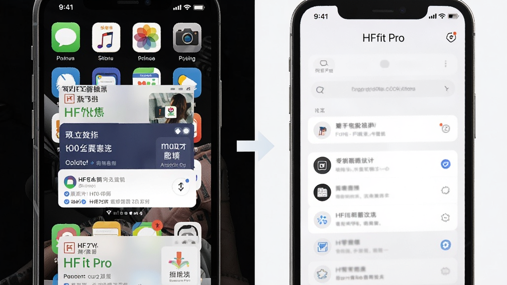 一张对比图,左边是杂乱的手机屏幕,满屏广告弹窗,右边是HFfit Pro干净整洁的界面,画面对比强烈,风格简约直观,中间用箭头或分割线隔开,突出HFfit Pro无广告的特点,画质清晰,无多余元素