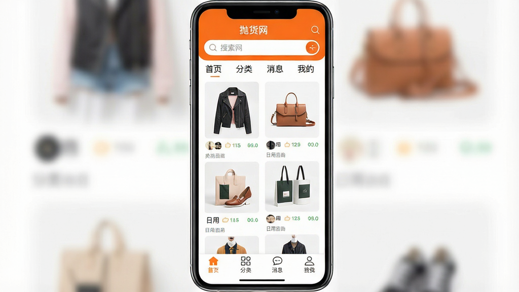һ���ֻ�Ӧ�ý���չʾͼ�����������ǡ��׻�����App����ҳ��������������ͷ����ǩ���м����ٲ�����Ʒ��Ƭ��������װ��Ь�������ðٻ�������ͼ���ײ�����������ҳ�����ࡢ��Ϣ���ҵ��ĸ�ͼ�꣬���岼����������ɫ�ԳȰ�Ϊ��������ִ���࣬���ʸɾ��޶���Ԫ��