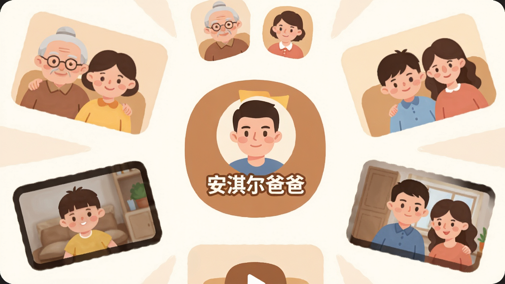 һ����ܰ�ļ�ͥ�����������棬���������ǡ���俶��ְ֡���Logo����Χ�����ż��ź��ӵ���Ƭ����Ƶ����ͼ����Ƭ����үү���̡��ְ������ͷ��ͼ�꣬���ֳʷ���״���Ű�����������Ǳ�ƽ���廭�磬ϸ���ϴ�����͵�ůɫ����Բ��ı߽ǣ������������ɾ����޶���Ԫ��