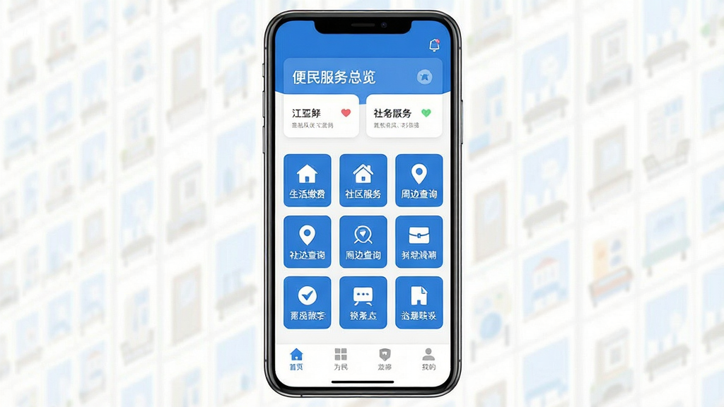 江子为民手机应用主界面展示,蓝白配色,顶部显示便民服务总览卡片,中间是九宫格功能图标包含生活缴费、社区服务、周边查询等,底部导航栏清晰,画面干净整洁,扁平化设计风格,文字清晰无杂乱元素,高清画质