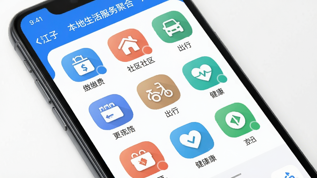 江子为民应用内本地生活服务聚合页面,手机屏幕显示各类生活服务图标整齐排列,包含缴费、社区、出行、健康等分类,界面清爽,蓝白主色调,图标圆润,布局合理,高清画质无多余元素