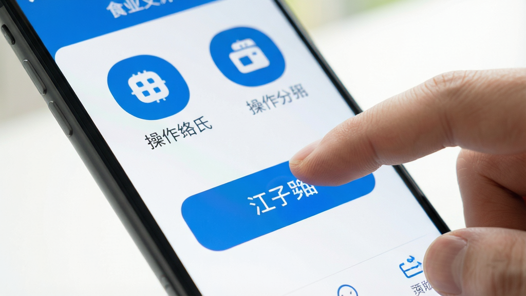 江子为民应用操作界面展示,手机屏幕特写,手指正在点击功能按钮,界面布局直观,大图标大字体,蓝白配色,操作路径清晰,画面明亮干净,高清画质无杂乱背景