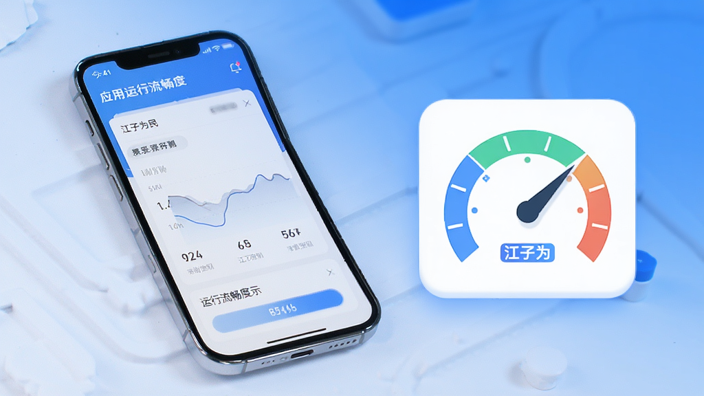江子为民应用运行流畅度展示,手机屏幕显示应用界面滑动流畅,旁边配性能仪表盘图标,整体画面简洁,蓝白科技感配色,扁平化风格,干净利落,高清画质