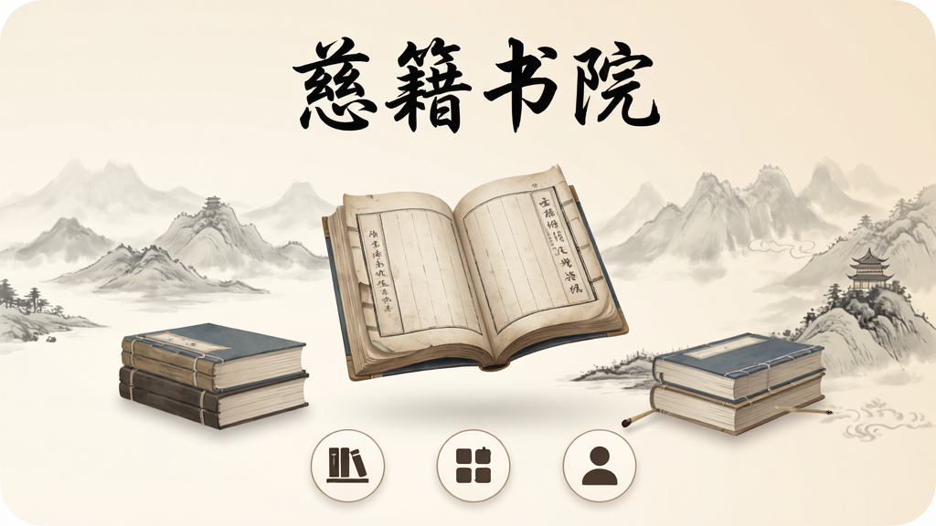 慈籍书院阅读类App主界面展示,画面中央是一本翻开的古风书籍悬浮在空中,周围环绕着淡雅的水墨山水元素和几本叠放的书册,背景是柔和的浅米色渐变,顶部有“慈籍书院”四个毛笔字标题,底部排列着书架、分类、我的三个圆形图标,整体风格清新雅致,细节干净无多余元素,画质高清。