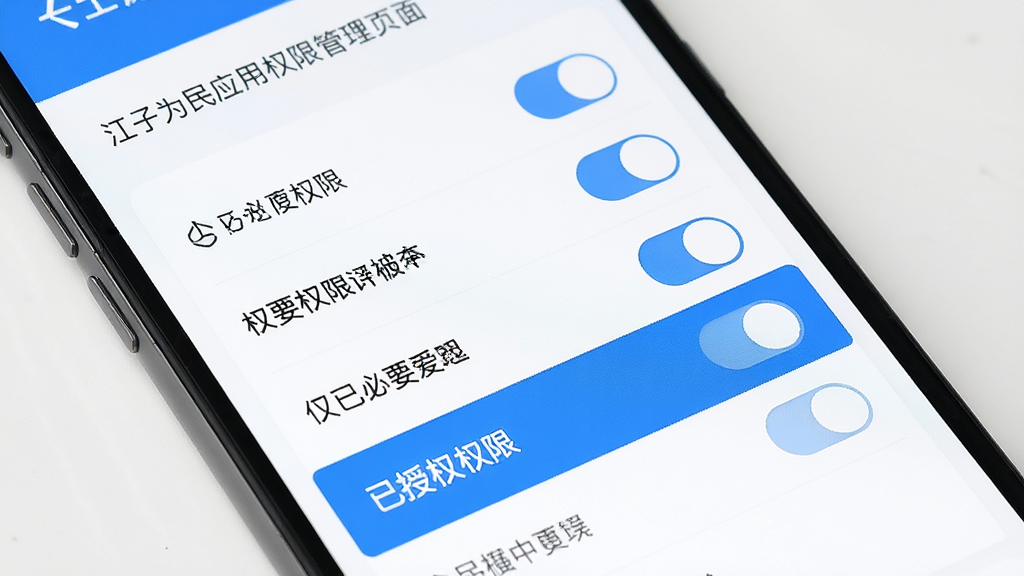 江子为民应用权限管理页面,手机屏幕显示权限开关列表,仅必要权限被开启,界面清晰,蓝色高亮标注已授权限,白色背景,排版规整,高清画质
