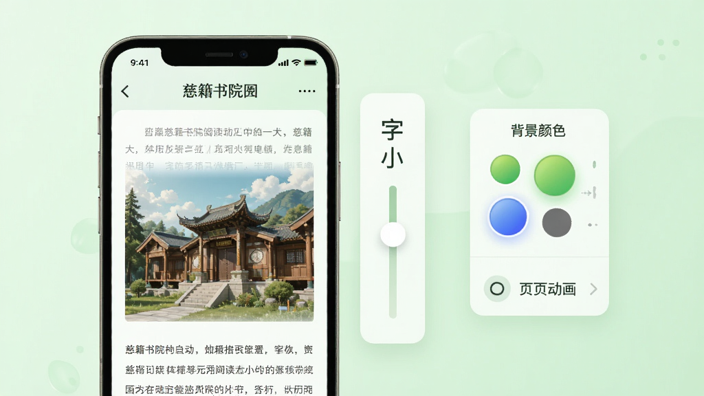 慈籍书院阅读设置界面,画面中一个手机屏幕展示着阅读页,旁边悬浮着字体大小调节滑块、背景颜色选择圆圈和翻页动画选项,背景是淡绿色护眼色调,风格清爽直观,画质干净。