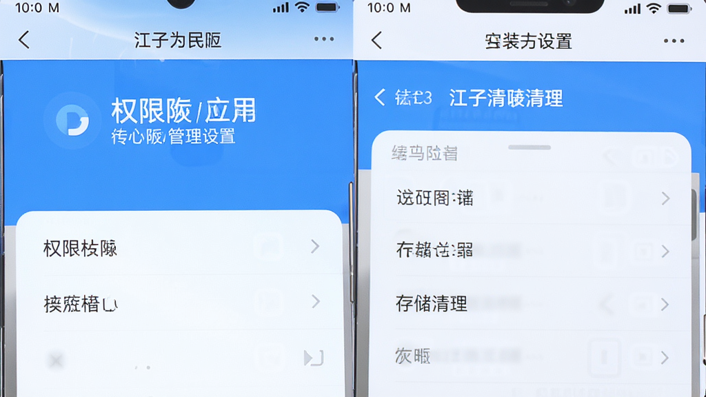 江子为民应用在手机上的安装设置界面,展示权限管理和存储清理页面,界面清晰标注各项设置选项,蓝白配色,布局规整,高清画质无杂乱元素