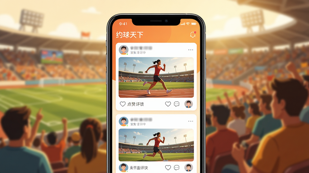 һ��չʾ��Լ�����¡�App�˶���̬�罻���ܵĽ���ͼ�������������ֻ���Ļ����Ļ����ʾ�û��������˶���̬��Ƭ�������˶���Ƭ����������ͼ����û�ͷ�񣬱������˶�������ϯ���黯Ч����������ɻ��ã�ɫ����ů�����ʸɾ����޶���Ԫ��