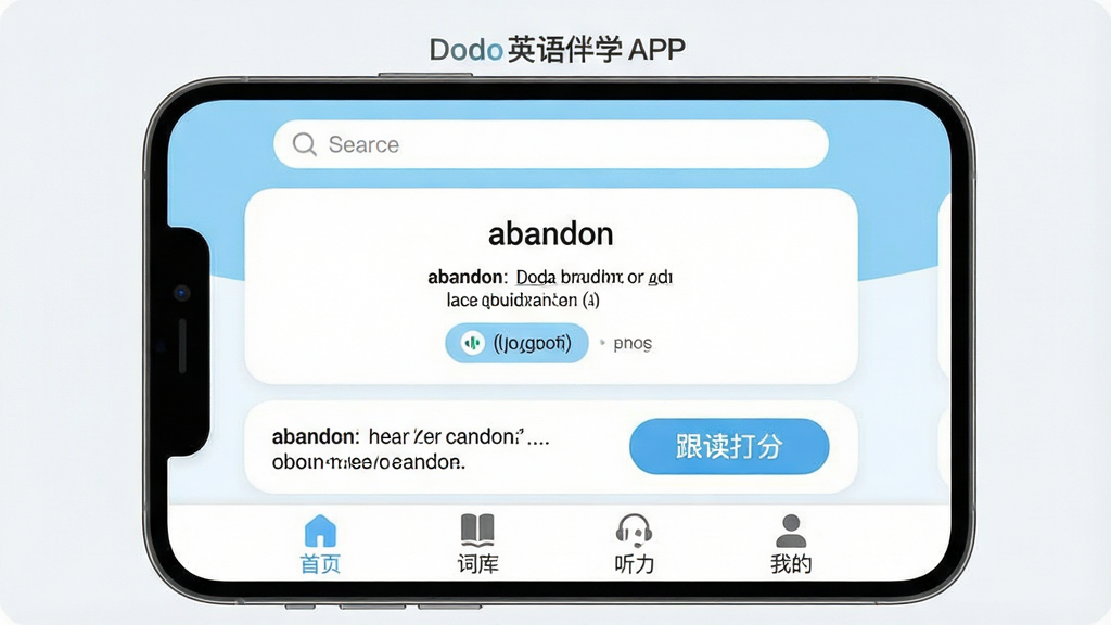 一张展示“Dodo英语伴学”APP核心界面的手机样机图,手机屏幕内显示单词卡片学习界面,上方有搜索框,中间是单词“abandon”及释义、发音按钮,下方有例句和跟读打分按钮,界面底部有首页、词库、听力、我的四个导航图标,整体布局简洁,以浅蓝色和白色为主色调,图标圆润,风格现代扁平,画质清晰干净,无多余元素,背景为纯色,画面中文字必须包含“Dodo英语伴学”。