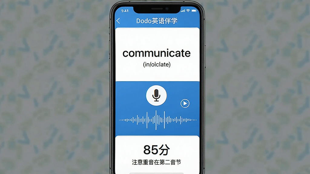 一张展示“Dodo英语伴学”APP跟读打分功能界面的截图,手机屏幕中央显示一个单词“communicate”和音标,下方有一个麦克风图标和录音波形,屏幕底部显示打分结果“85分”以及发音建议“注意重音在第二音节”,界面配色以蓝色和白色为主,风格简洁,文字清晰可见。