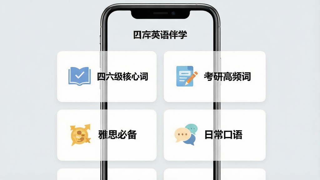 一张展示“Dodo英语伴学”APP词库选择界面的截图,画面中央是一个手机屏幕,屏幕上显示着多个词库分类卡片,卡片上写着“四六级核心词”、“考研高频词”、“雅思必备”、“日常口语”等文字,每个卡片配有简洁的图标,界面背景为浅灰色,布局为两列网格排列,风格统一为扁平化设计,画质清晰,无杂乱元素。
