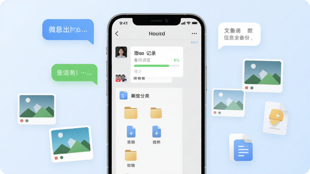 微聊天记录信息全备份软件主界面展示,手机屏幕居中,屏幕内显示微信聊天记录备份进度条和文件分类图标,背景是淡蓝色渐变,周围漂浮着聊天气泡、图片缩略图和文档图标,风格现代扁平,细节圆润,画质干净无多余元素。
