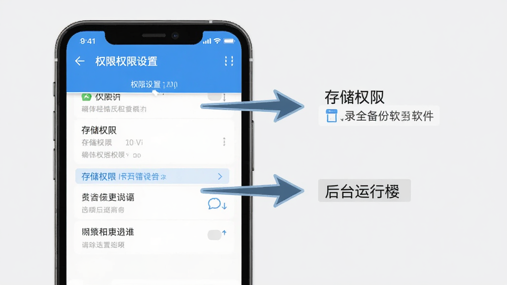 微聊天记录信息全备份软件使用教程示意图,手机屏幕显示权限设置页面,旁边有箭头指向存储权限和后台运行选项,背景是浅灰色,风格简洁说明图,细节清晰,画质干净无多余元素。
