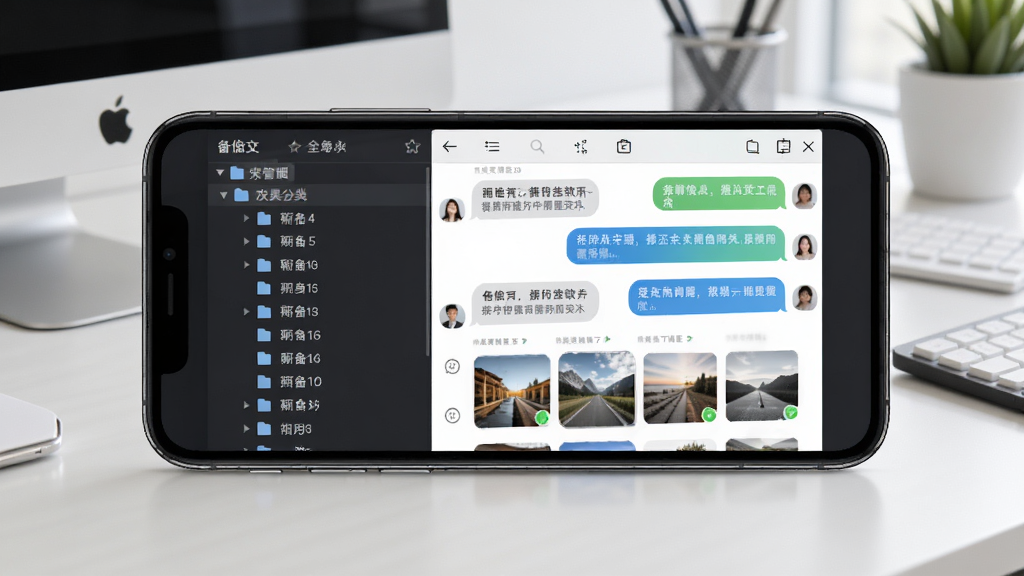 微聊天记录信息全备份软件功能展示图,手机屏幕显示备份文件管理界面,左侧是文件分类树状图,右侧是聊天记录预览窗口,包含文字气泡和图片缩略图,背景是简洁的办公桌面,风格商务简约,细节清晰,画质干净无多余元素。