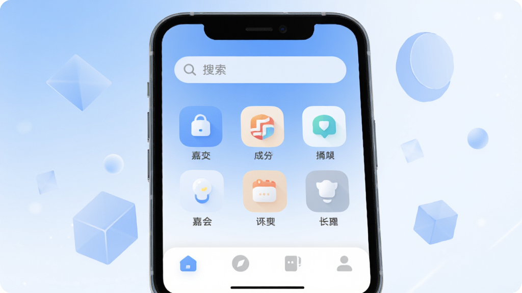 主体为一部智能手机屏幕特写,屏幕中显示“嘉会”应用的主界面,布局简洁,顶部有搜索栏,中间排列着几个功能图标,底部是导航栏。背景为柔和的蓝白渐变色调,周围漂浮着几个半透明的几何形状作为装饰。风格为现代扁平化设计,细节圆润,画质干净清晰,无多余元素,整体呈现出轻松实用的科技感。