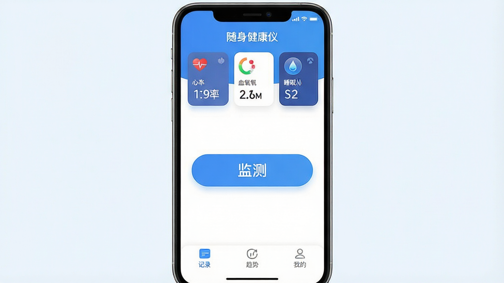 һ���ֻ�Ӧ�ý���չʾͼ����������������������App�������棬����������������ʾ���ʡ�Ѫ����˯�ߵȽ������ݿ�Ƭ���м�����Ŀ�ļ�ⰴť���ײ�Ϊ��¼�����ơ��ҵ�����ѡ�����������ˬ��࣬������ɫΪ����ϸ��Բ�󣬻��ʸɾ����޶���Ԫ�أ��ֻ���Ļ�����ֱ�ע�����������ǡ���