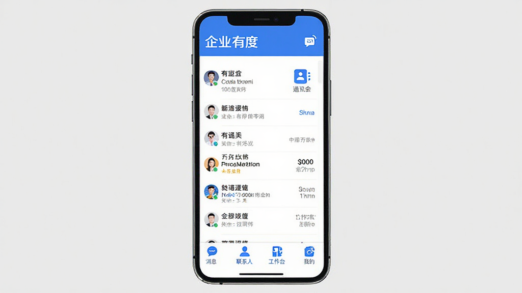 手机屏幕展示「有度」应用主界面,蓝白配色,顶部显示企业名称和消息图标,中间是会话列表和通讯录图标,底部有消息、联系人、工作台、我的四个选项卡,界面干净整洁,现代扁平化风格,画质清晰,无多余元素