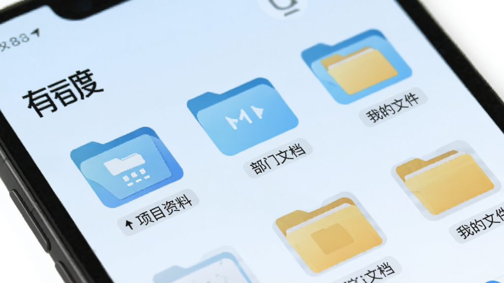 手机屏幕显示「有度」的云盘界面,文件夹图标排列整齐,有“项目资料”、“部门文档”、“我的文件”等分类,背景是淡蓝色,风格商务简洁,画质清晰无杂乱元素