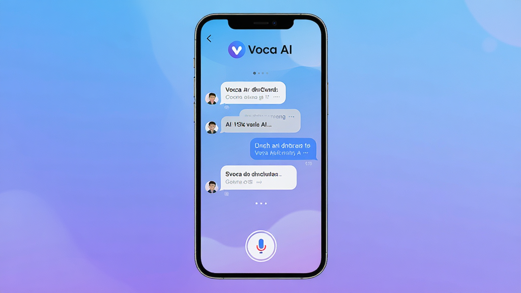 һ��չʾVoca AI�����������ֺ��Ľ����ͼƬ������������һ���ִ������ֻ�����Ļ��ʾVoca AI�ĶԻ����棬������Voca AI��logo�����ƣ��м����û���AI�ĶԻ����ݣ��ײ�����˷����밴ť����������͵�����ɫ���䣬����Լ�ִ���ϸ�����������ʸɾ����޶���Ԫ��