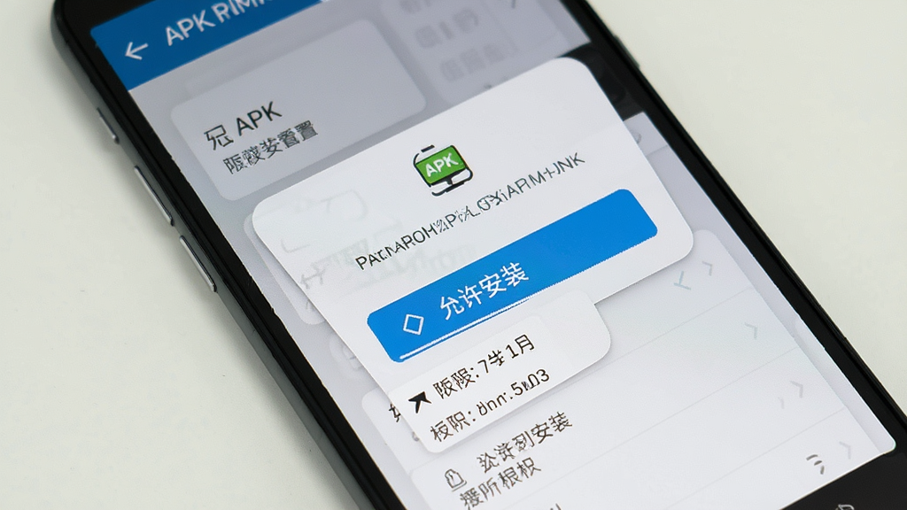 一张展示手机安装APK文件时权限设置界面的图片,主体是手机屏幕显示安装确认弹窗,布局为上下结构,排版清晰,风格简洁,细节包括“允许安装”按钮和权限列表,画质高清,干净,无多余元素