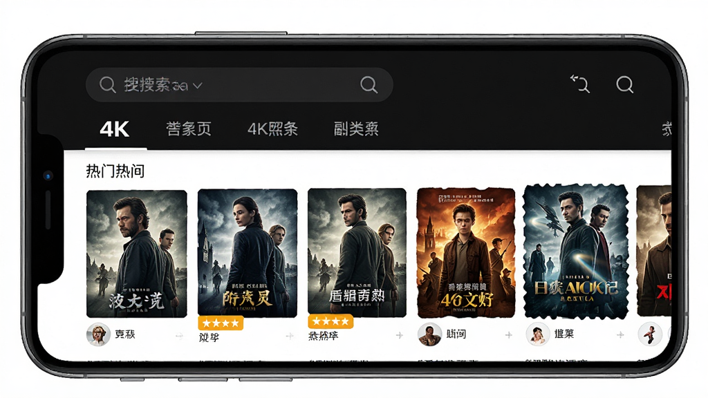 一张展示4K影院APP主界面的图片,主体是手机屏幕显示4K影院应用界面,布局为顶部搜索栏和分类导航,中间是热门影视海报墙,排版清晰,风格现代扁平化,细节包括电影封面、评分标签,画质高清,干净,无多余元素