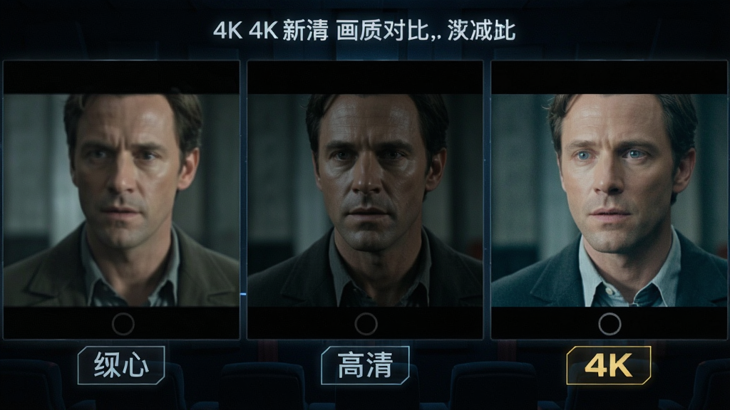 一张展示4K影院画质对比的图片,主体是同一电影画面在标清、高清、4K三种画质下的对比,布局为三屏横向排列,排版整齐,风格科技感,细节包括清晰度差异和画质标签,画质高清,干净,无多余元素
