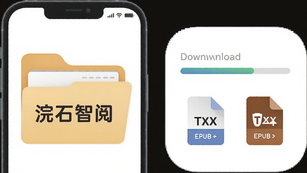 画面主体是一部手机和一个文件夹图标,文件夹上标有“浣石智阅”,手机屏幕显示下载进度条和TXT、EPUB文件图标,布局左右对应,排版整齐,风格扁平化,细节圆润,画质清晰,无多余元素