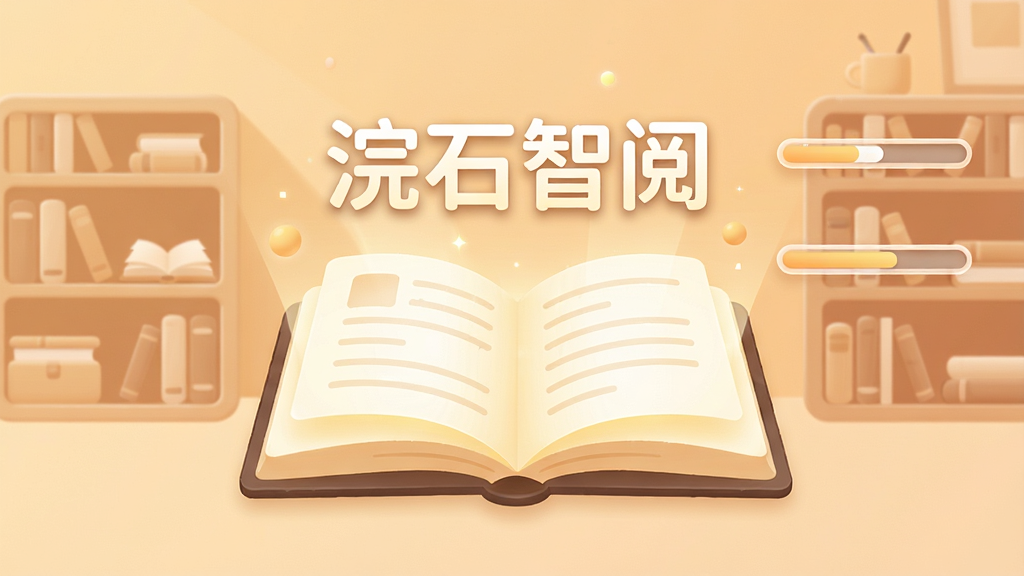 画面中央是一本翻开的发光电子书,书页上方悬浮着“浣石智阅”四个字,周围环绕着简约的书架和阅读进度条元素,背景是柔和的暖色调,主体突出,布局居中,排版干净,风格现代扁平化,细节圆润,画质清晰,无多余元素