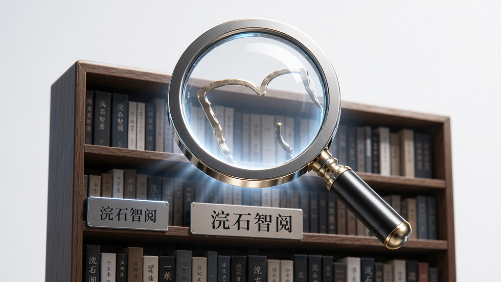 画面主体是一个放大镜图标叠加在多层书架上方,书架标签写着“浣石智阅”,光线从放大镜中透出照亮书籍,布局为上下结构,排版简洁,风格科技感与文艺感结合,细节精致,画质干净,无多余元素