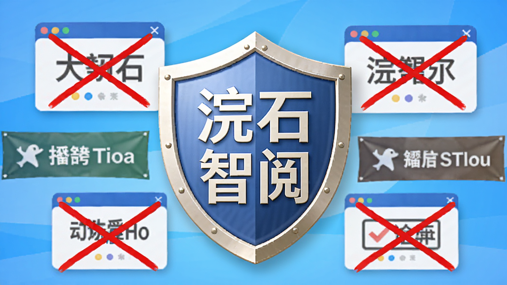 画面中央是一个带有“浣石智阅”字样的盾牌图标,盾牌周围环绕着被划掉的广告弹窗和横幅,背景是清爽的蓝色渐变,布局居中对称,排版干净,风格安全守护感,细节清晰,画质干净,无多余元素
