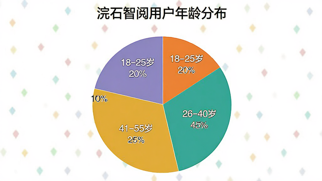 画面是一个饼状图,标题为“浣石智阅用户年龄分布”,饼图分为四块,分别标注“18-25岁 20%”“26-40岁 45%”“41-55岁 25%”“56岁以上 10%”,布局居中,排版清晰,风格数据可视化,细节色彩区分明显,画质干净,无多余元素