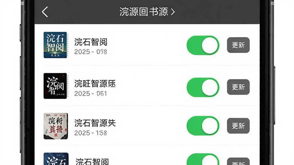 画面展示一部手机屏幕中“浣石智阅”的书源管理界面,列表中多个书源开关处于开启状态,旁边有更新按钮,布局为上下结构,排版清晰,风格实用工具类,细节图标明确,画质干净,无多余元素