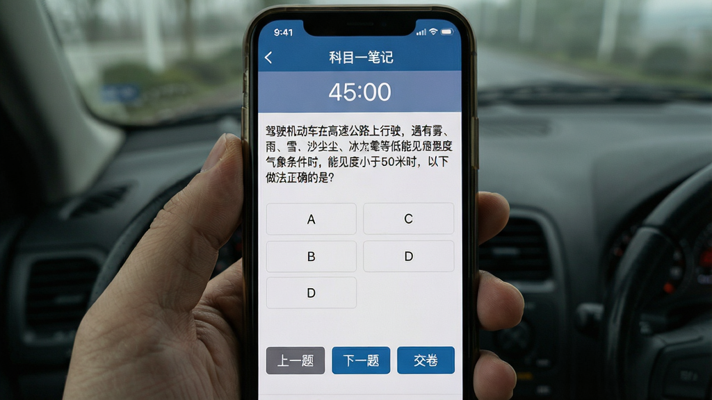 手机屏幕显示“科目一笔记”的模拟考试界面,顶部有倒计时“45:00”,中间是题目“驾驶机动车在高速公路上行驶,遇有雾、雨、雪、沙尘、冰雹等低能见度气象条件时,能见度小于50米时,以下做法正确的是?”,下方有A、B、C、D四个选项按钮,底部有“上一题”、“下一题”和“交卷”按钮,界面风格模仿真实考试系统,严肃整洁,画质清晰,无多余元素
