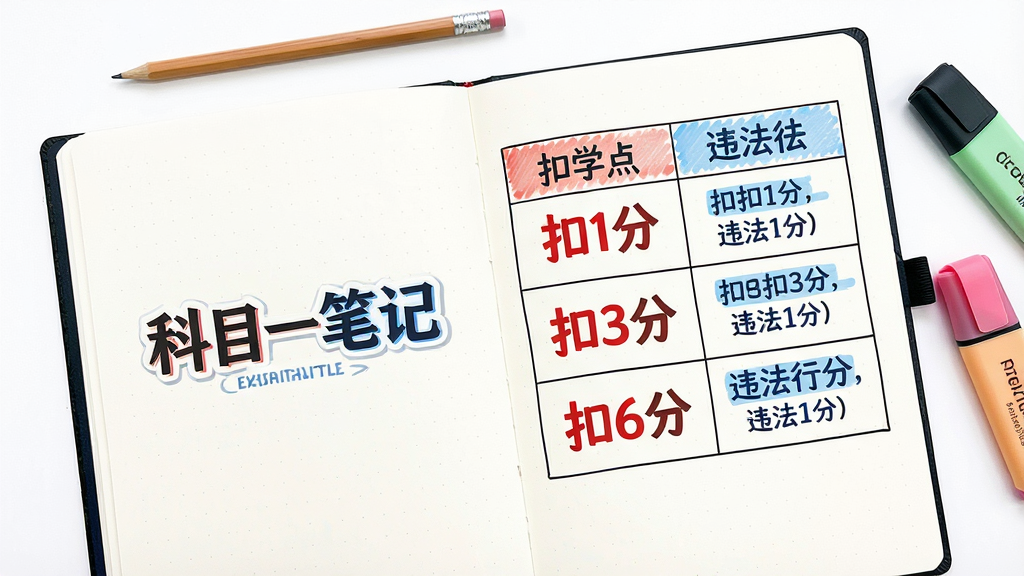 一张展开的电子笔记本页面,左侧是“科目一笔记”的logo,右侧是清晰的知识点表格,表格中对比了“扣1分”、“扣3分”、“扣6分”的违法行为,文字用醒目的红色和蓝色标注,背景是干净的白色,有铅笔和荧光笔的装饰元素,风格像学霸的课堂笔记,画质干净,无多余元素